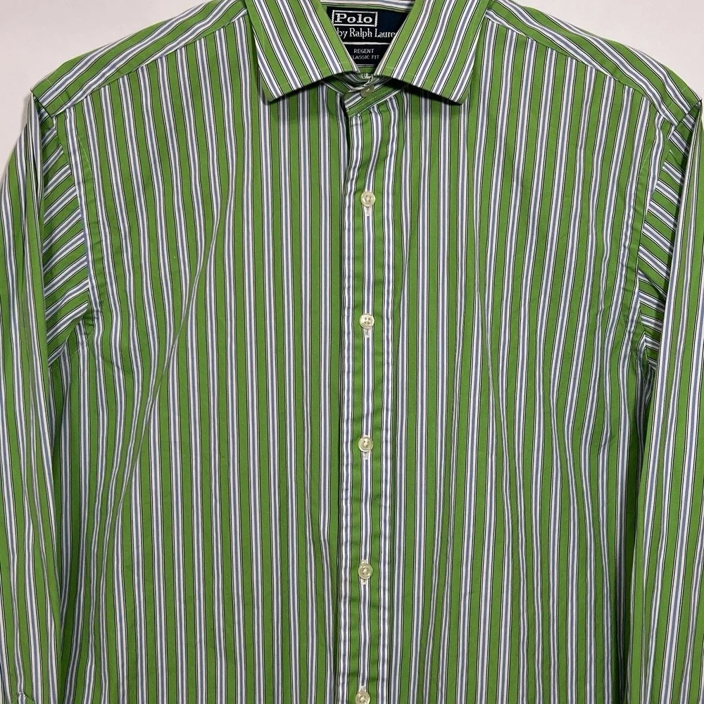Polo Ralph Lauren Classic Oxford Long Sleeve Green Striped Shirt Men 16 34/35